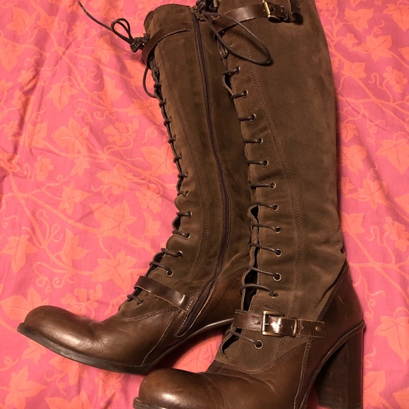Alberto Fermani Suede & Leather Lace-Up Zippered Knee High Heeled Boots - Picture 1 of 7